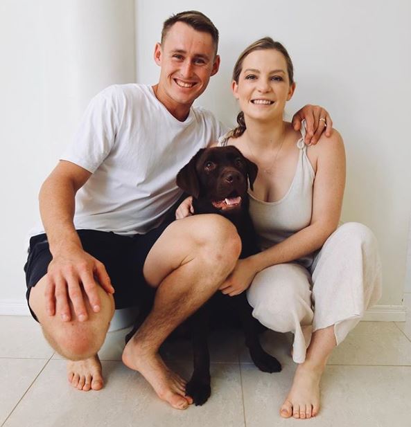 Marnus Labuschagne with wife and pet dog