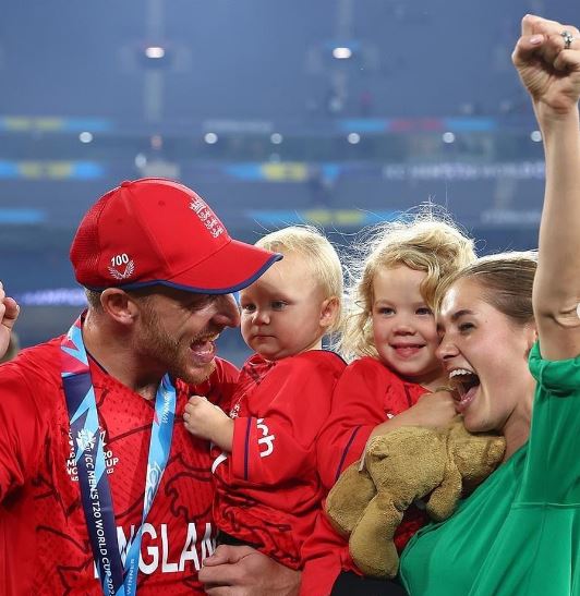 Jos Buttler with his wife and children