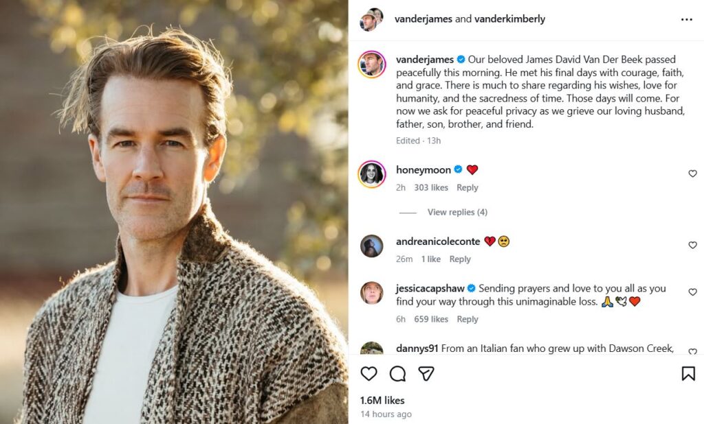 James Van Der Beek death announcement by his wife
