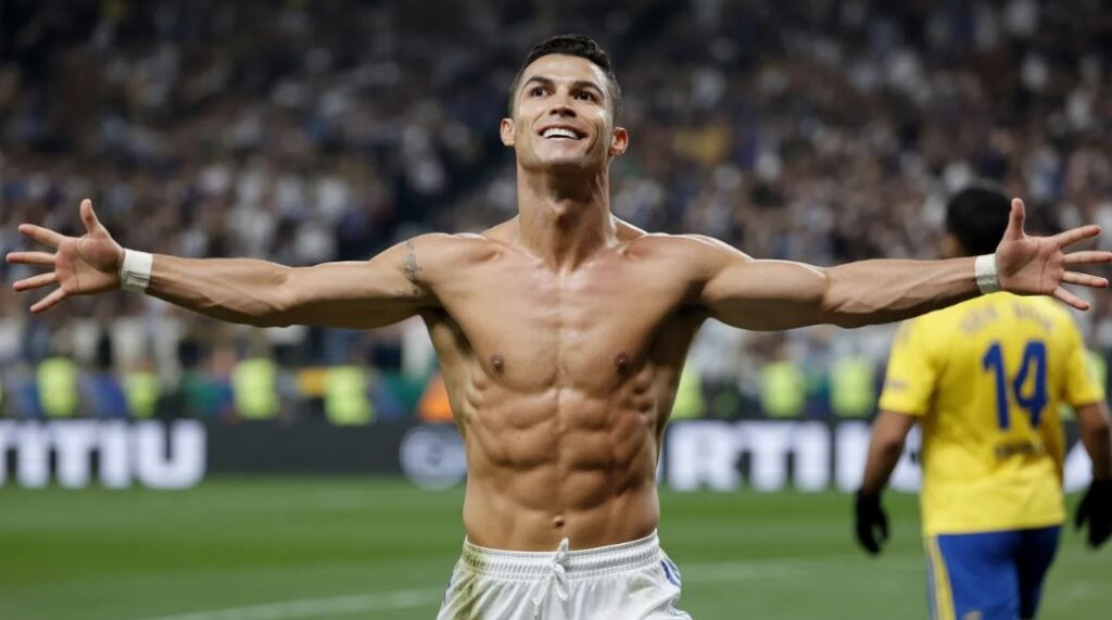 Cristiano Ronaldo shirtless celebration with arms wide open