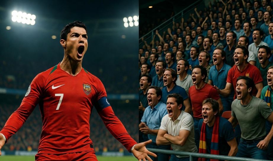 Ronaldo celebrating vs. angry fans or critics in the stands
