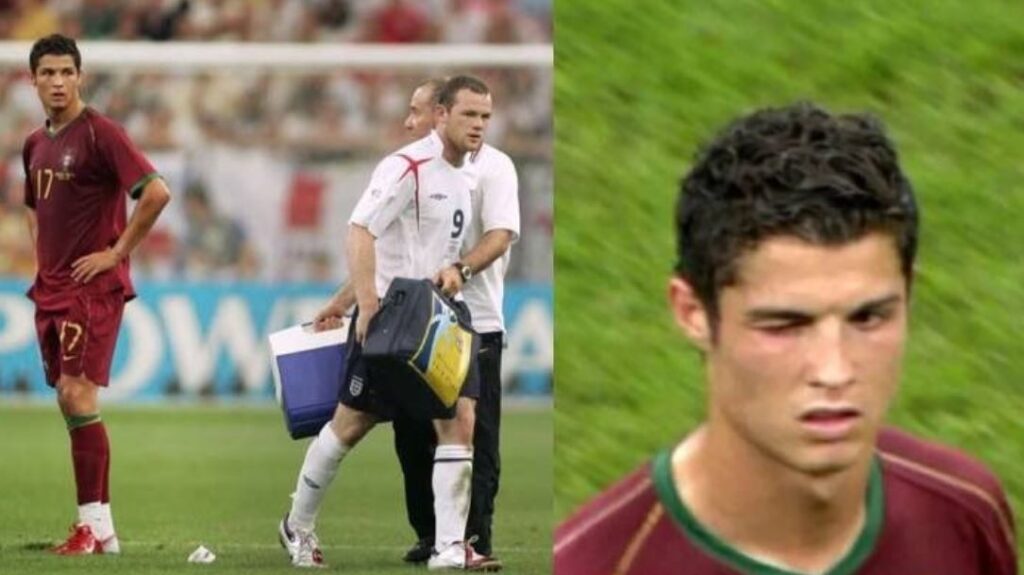 Ronaldo winking toward the Portugal bench after Rooney’s red card