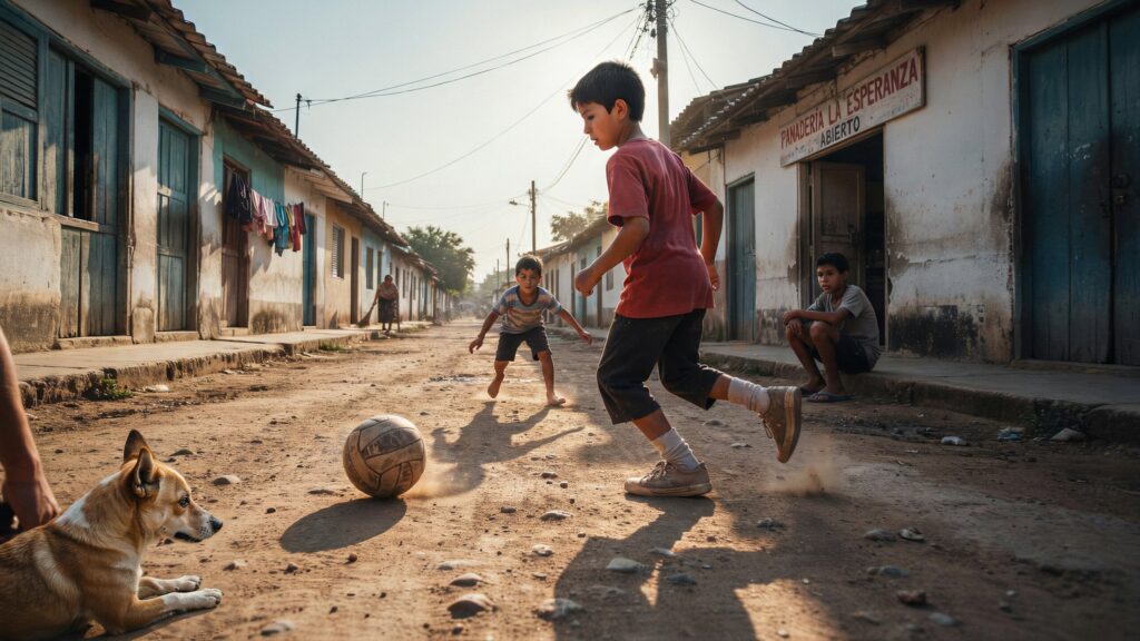a young boy playing football on dusty streets